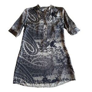 Tucker 100% Silk Chinoiserie Gray Pullover‎ Henley A Line Tunic Dress Petite S